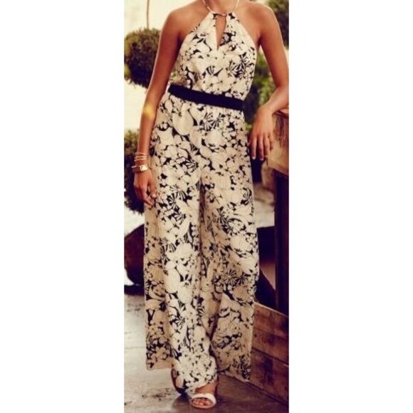 Silk Spring Elevenses Black & White Floral Halter Jumpsuit Size S NO Belt - Picture 1 of 16